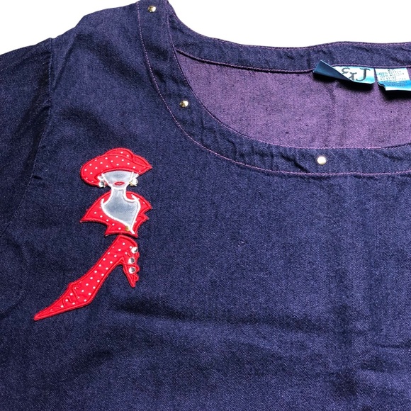 Vintage H & J Jean Dress 2XL Purple Tint Denim 2 Pockets Red Lady Hat Shoe Patch - Picture 2 of 12